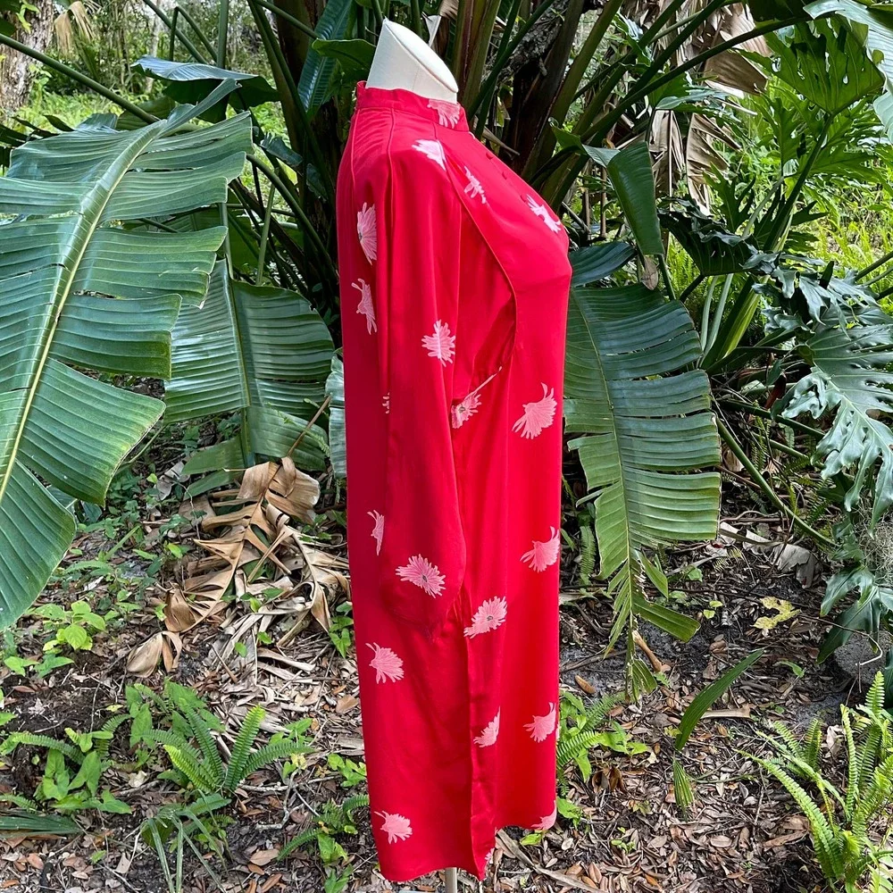 Vintage 70s Red Silk Asian Inspired Dress Floral Long Sleeve Rita Angelo M L - Picture 10 of 13